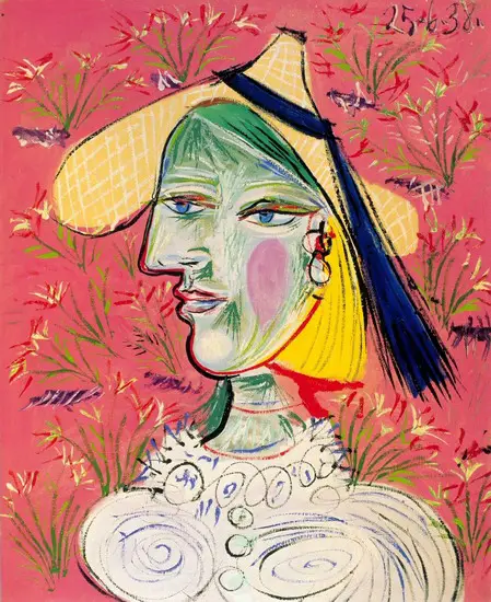 Pablo Picasso. Woman with straw hat on floral background, 1938