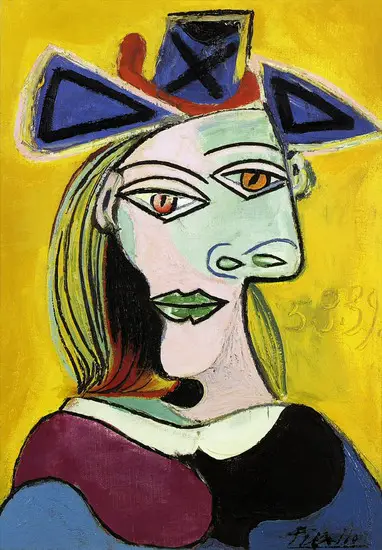 Pablo Picasso. Head of a Woman with blue hat red ribbon, 1939