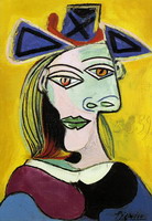 Head of a Woman with blue hat red ribbon