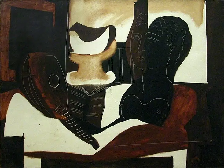 Pablo Picasso. Still life with antique Head (guitar, partition, fruit bowl, female bust), 1925