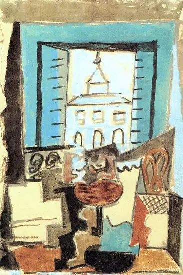 Pablo Picasso. Guitar and Fruit Dish on a pedestal in front of an open window [Still life in a window], 1919