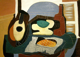 Pablo Picasso. Mandolin, fruit basket, bottle and pastry, 1924