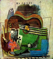 Pablo Picasso. Pipe, Glass, ace of clubs, bottle of Bass, guitar, (`My Jolie`), 1914