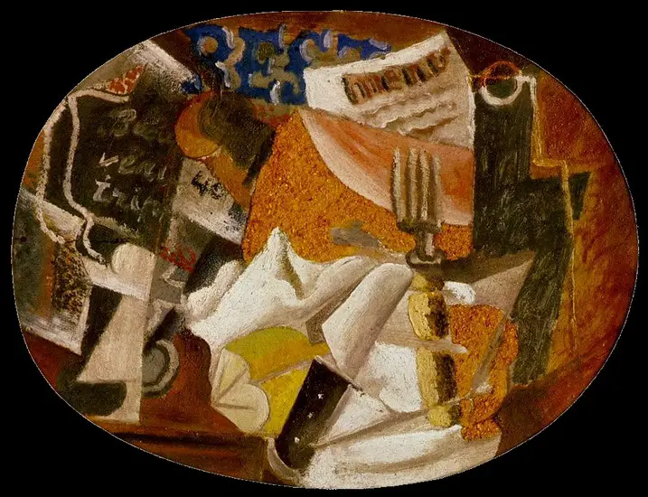 Pablo Picasso. Knife, fork, menu, bottled ham, 1914
