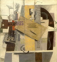 Pablo Picasso. Bottle of Bass, clarinet, guitar, violin, newspaper, ace of clubs [violin], 1913