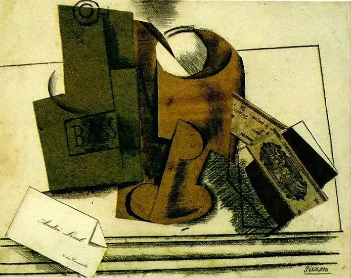Pablo Picasso. Bottle of Bass, glass, tobacco package, business card, 1913
