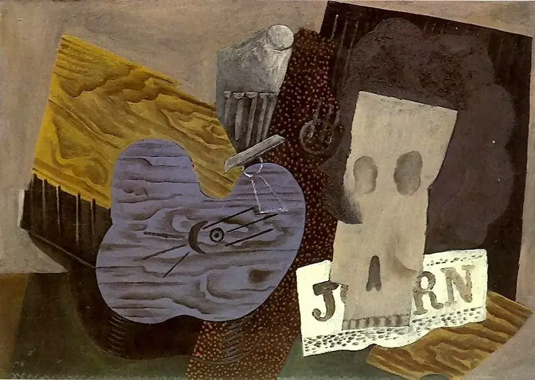 Pablo Picasso. Guitar, skull and newspaper, 1913