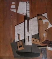 Pablo Picasso. Bass guitar and bottle of, 1913