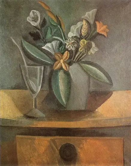 Pablo Picasso. Vase of Flowers, wine glass and spoon, 1908