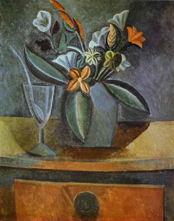 Pablo Picasso. Flowers in a Grey Jug and Wine-Glass with Spoon, 1908