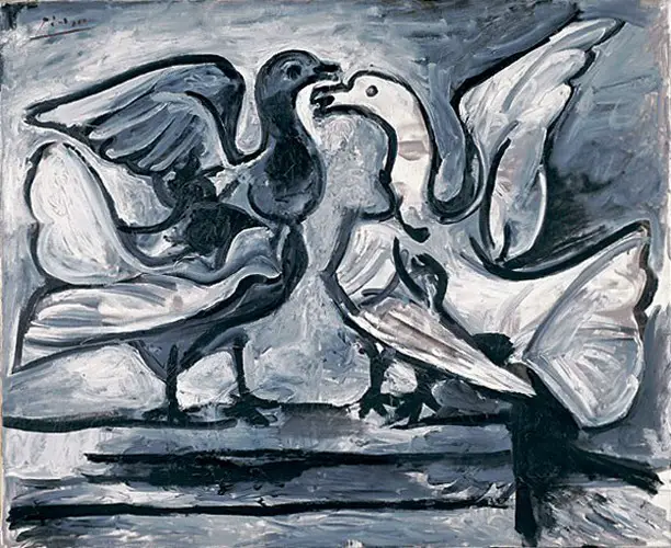 Pablo Picasso. Two pigeons with wings deployees, 1960