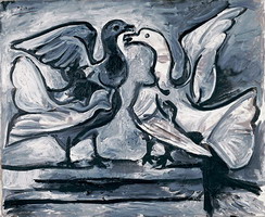 Pablo Picasso. Two pigeons with wings deployees