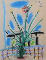 Pablo Picasso. Vase of Flowers with butterfly before a VI window, 1958