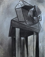 Pablo Picasso. Still Life, table and dark gray coffee maker