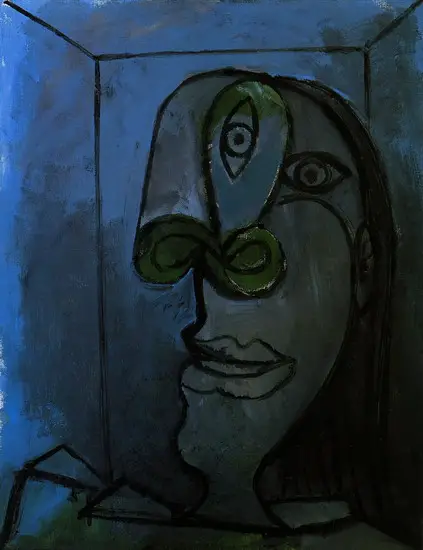 Pablo Picasso. Female head green nose on dark blue background (Dora), 1938