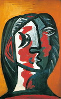 Pablo Picasso. Gray female head and red ocher background