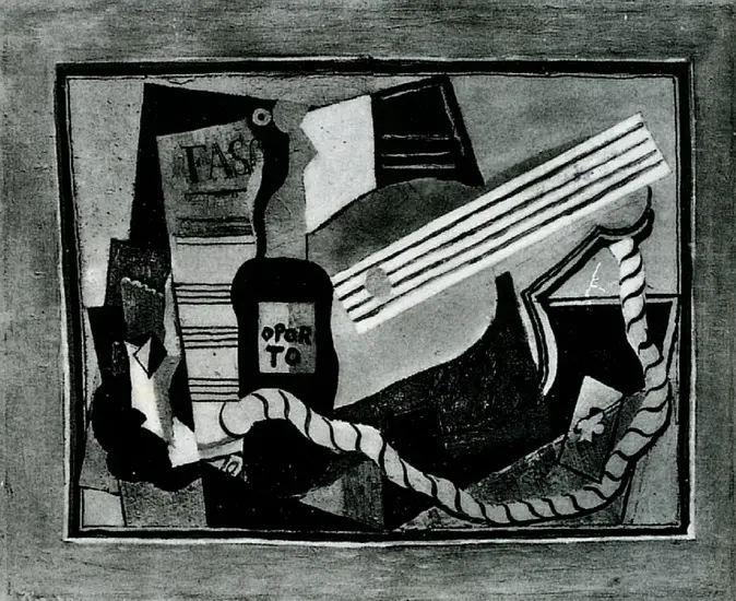 Pablo Picasso. Partition bottle of port, guitar and playing cards, 1917