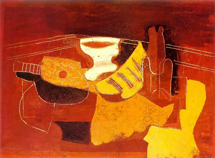 Pablo Picasso. Compotier, mandoline, partition, bouteille, 1923