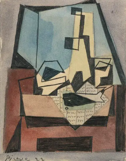 Pablo Picasso. Glass, bottle, fish on a newspaper, 1922