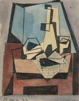 Pablo Picasso. Glass, bottle, fish on a newspaper