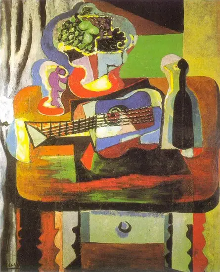 Pablo Picasso. Glass, bouquet, guitar, bottle, 1919