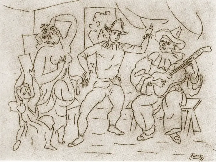 Pablo Picasso. Love, naked, Harlequin and Pierrot playing guitar, 1918