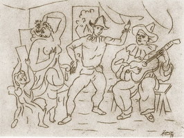 Pablo Picasso. Love, naked, Harlequin and Pierrot playing guitar
