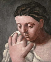Head and woman's hand