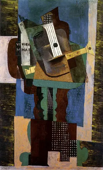 Pablo Picasso. Guitar, clarinet and bottle on a table, 1916