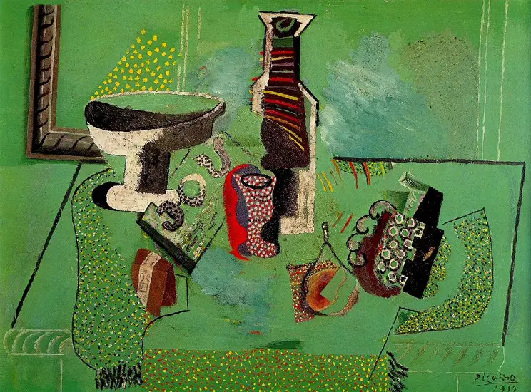 Pablo Picasso. Compotier, verre, bouteille, fruits (Nature morte verte), 1914