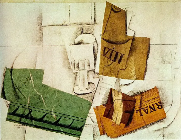Pablo Picasso. Glass wine bottle, package of tobacco, newspaper, 1914