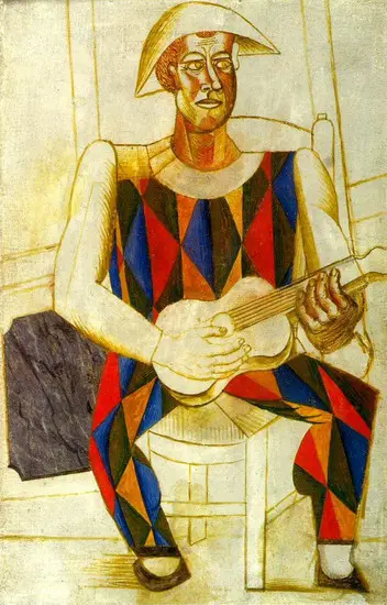 Pablo Picasso. Seated Harlequin with guitar, 1916