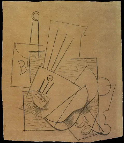 Pablo Picasso. Bottle of Bass, guitar, newspaper and glass on a square table, 1913