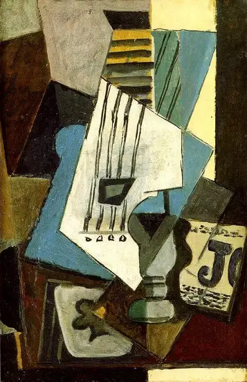 Pablo Picasso. Nature morte- guitar, newspaper, glass and ace of clubs, 1914