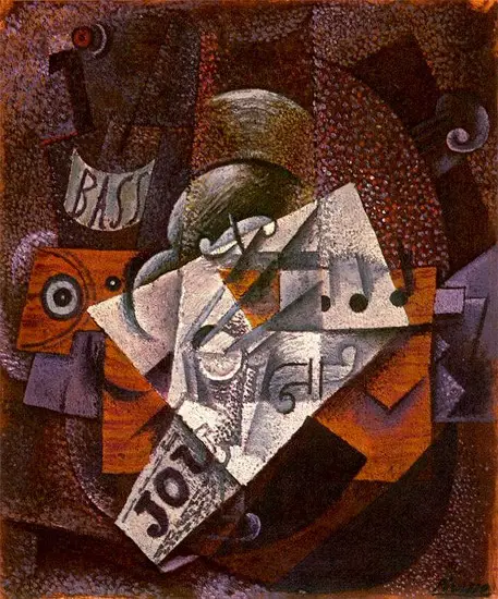 Pablo Picasso. Bottle, clarinet, violin, newspaper, glass, 1913