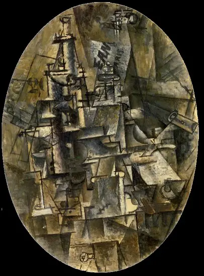 Pablo Picasso. Bottle, glass, fork, 1911