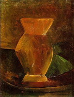 Pablo Picasso. Still life with vase and green l`etoffe, 1908