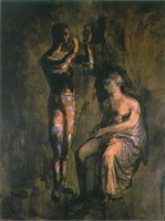 Harlequin grimant before a woman sitting